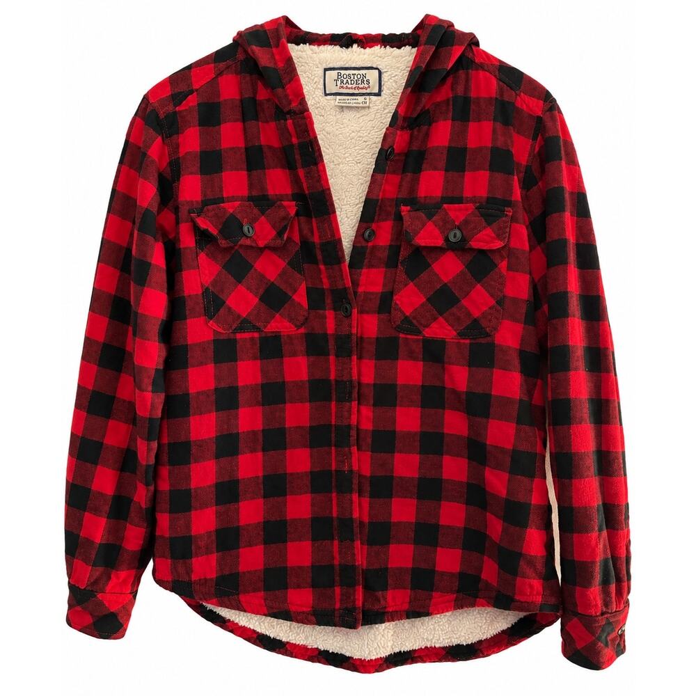 Boston Traders Women’s Sherpa Lined Hooded Flannel Shacket Red Black Plaid S